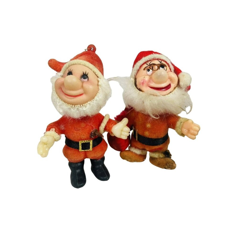 Dopey And Doc Santa Red Flocked Disney Christmas Collectible Ornament Vintage